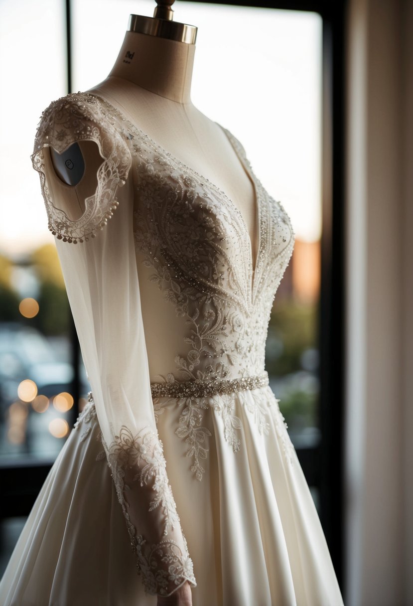 An elegant wedding dress with elbow-length sleeves drapes over a mannequin, adorned with delicate lace and intricate beading