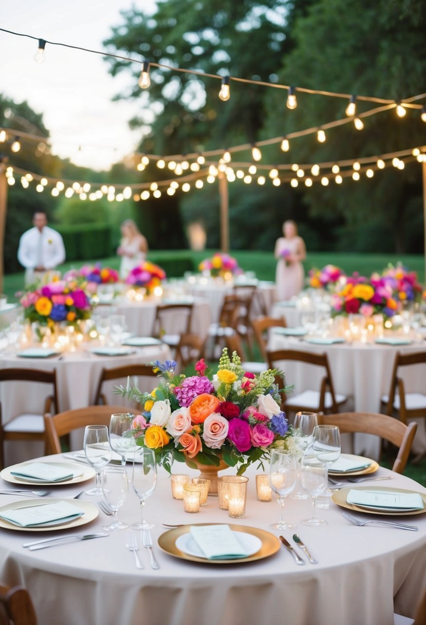 A colorful array of flowers, elegant table settings, and twinkling string lights create a romantic atmosphere for a wedding celebration