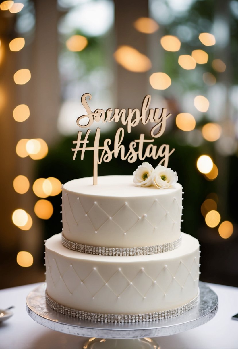 A decorative wedding cake with a personalized hashtag topper