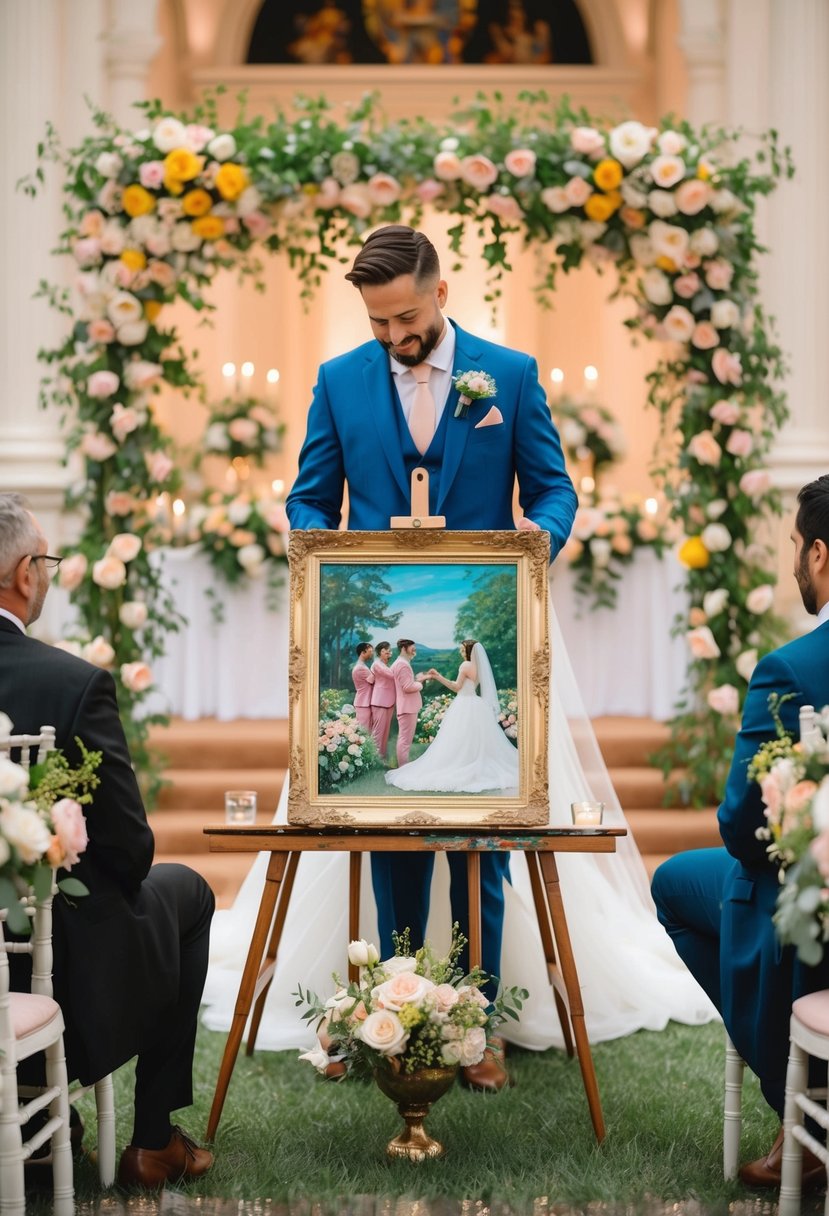 A live painter captures the wedding ceremony in vibrant colors, surrounded by flowers and decorative details