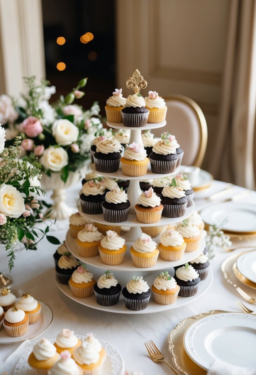 A table adorned with a variety of beautifully decorated wedding cupcakes, surrounded by delicate floral arrangements and elegant tableware