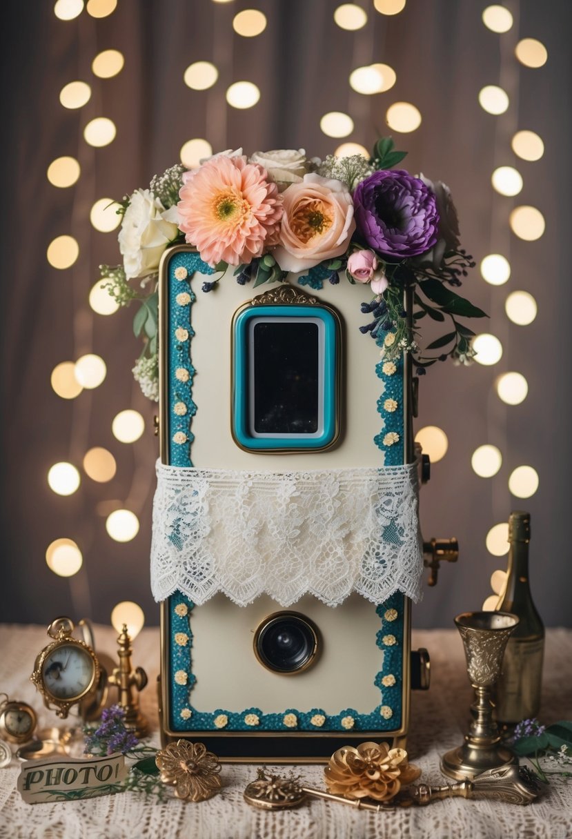 A vintage photo booth adorned with flowers and lace, surrounded by twinkling lights and vintage props