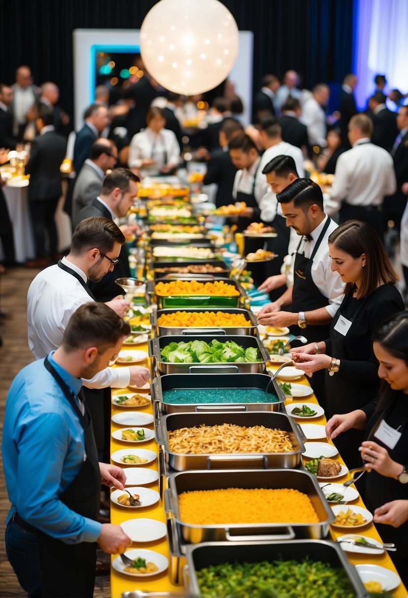 A colorful array of interactive food stations, each showcasing a unique culinary experience. Guests mingle and explore the creative offerings