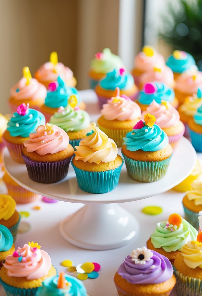 A table filled with colorful, whimsical wedding cupcakes, adorned with vibrant frosting and playful decorations