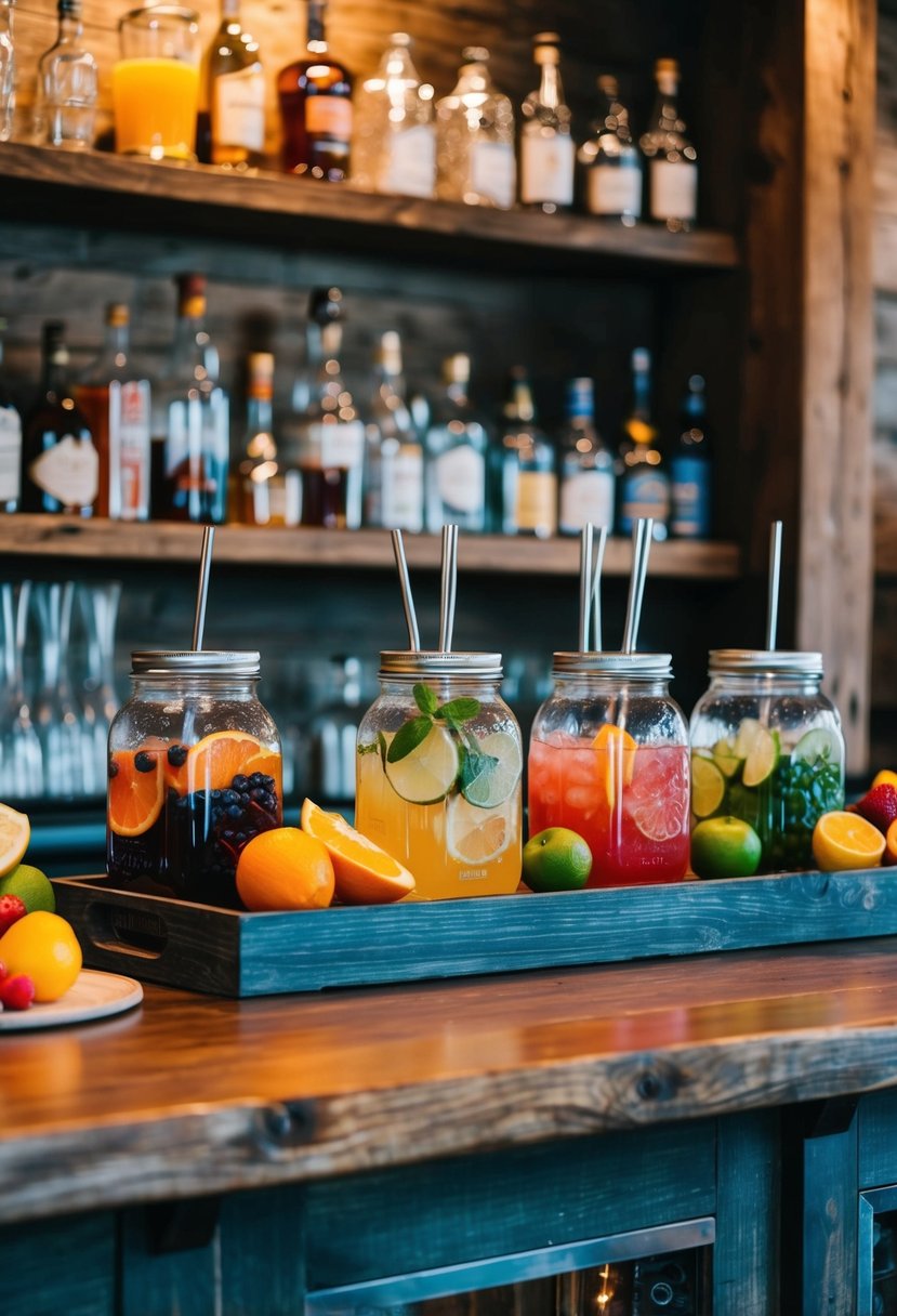 A rustic wooden bar adorned with mason jar drink dispensers, fresh fruit, and a variety of colorful cocktail ingredients