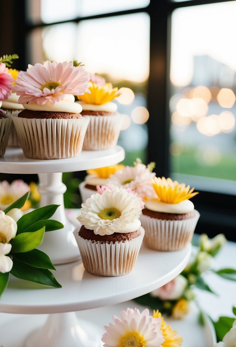 Fresh flowers arranged on wedding cupcakes