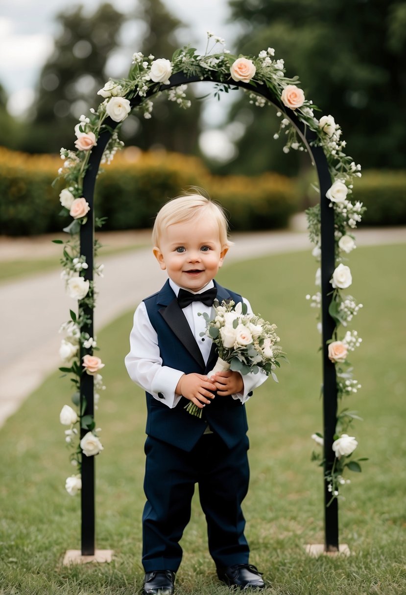 A toddler in a tiny tuxedo holding a bouquet, standing next to a small flower-covered archway