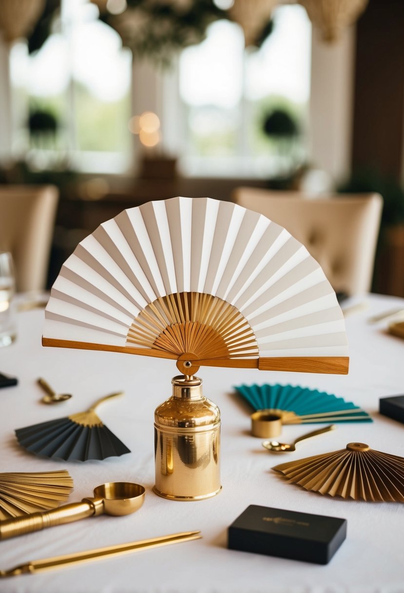 A table with various wedding fans and design tools