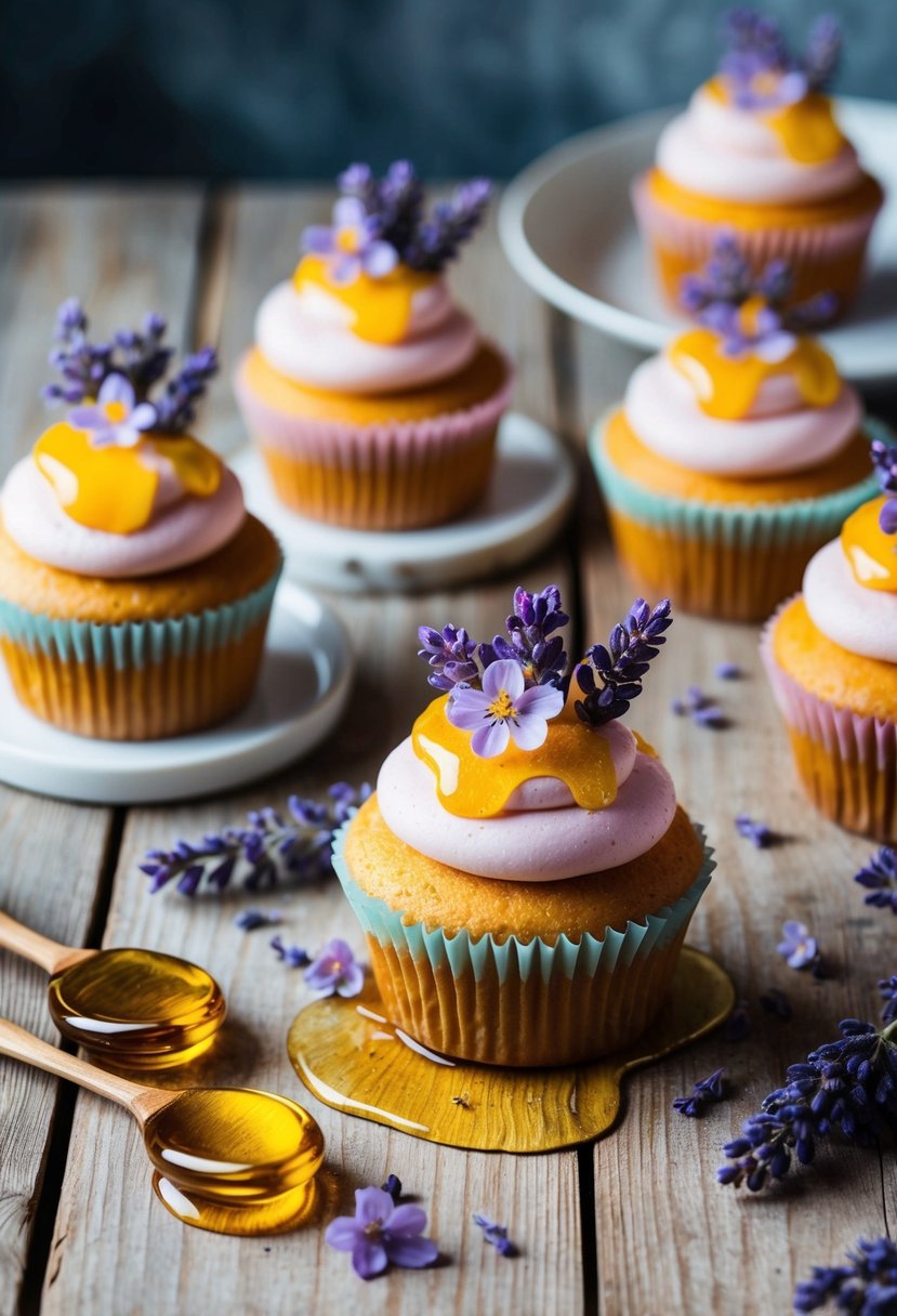 A rustic wooden table adorned with pastel-colored cupcakes topped with delicate lavender flowers and drizzled with golden honey