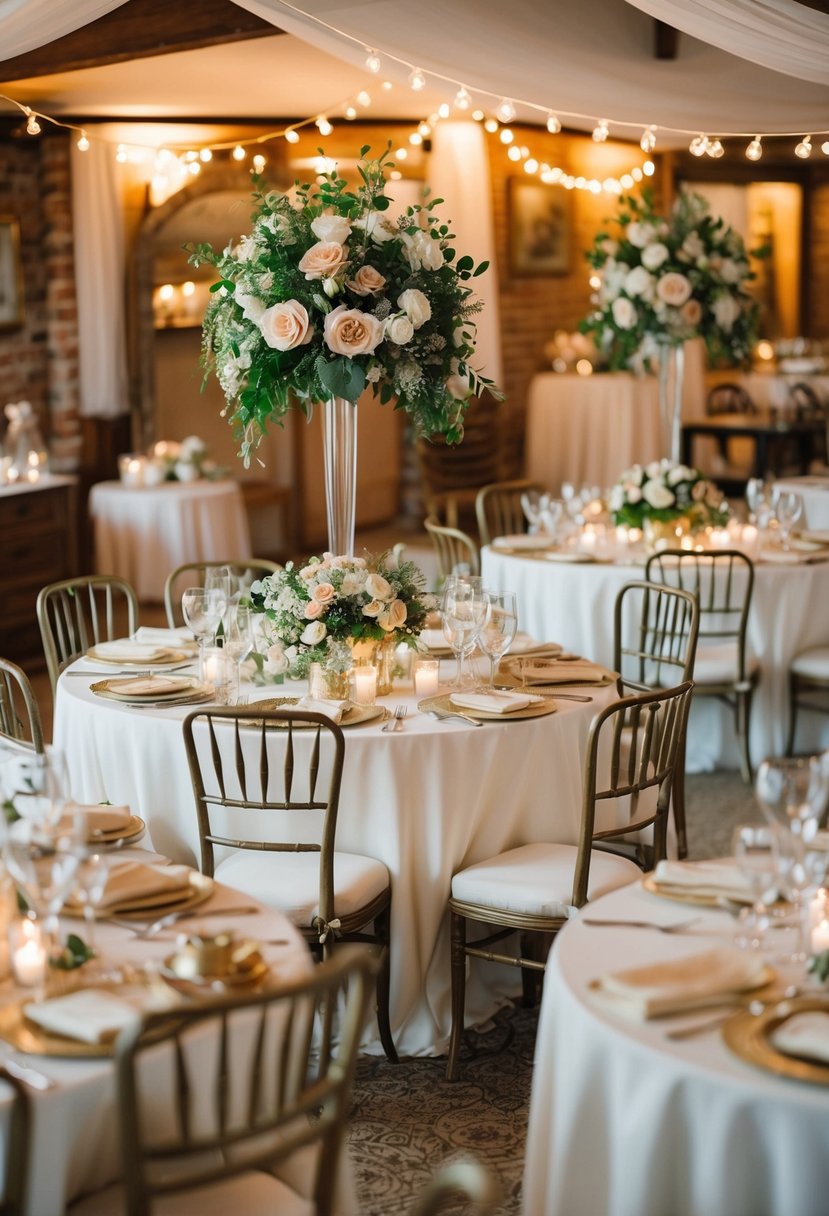 A cozy, retro wedding reception with vintage furniture, old-fashioned floral arrangements, and antique decor