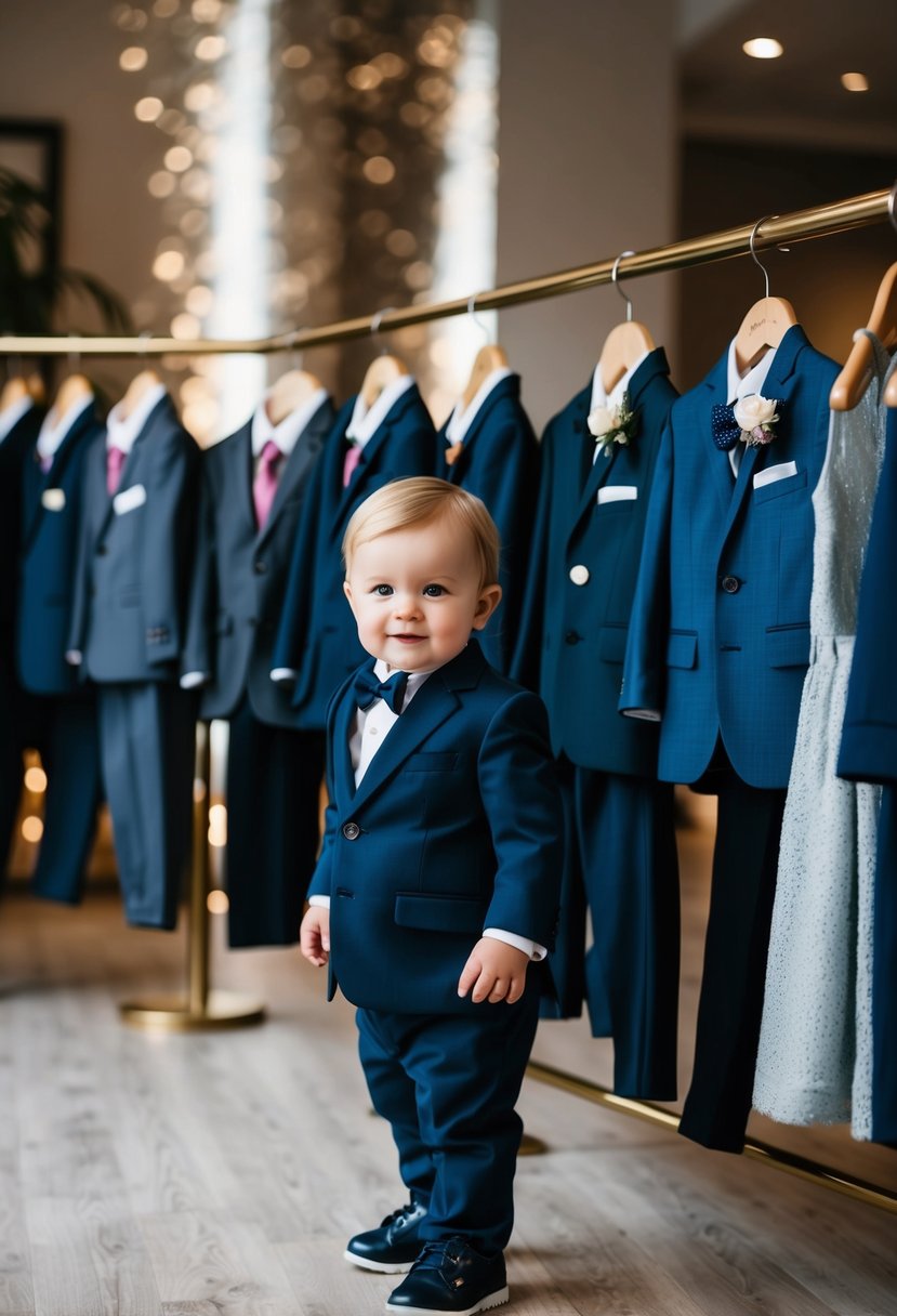 A toddler stands in front of a row of formal outfits, including suits and dresses, displayed on hangers in a boutique