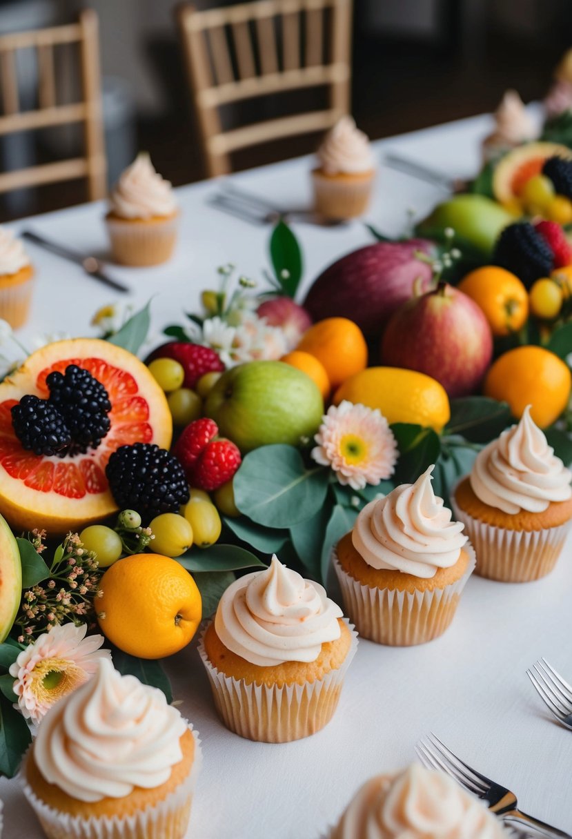 A table adorned with fresh seasonal fruits and flowers, surrounded by wedding cupcakes in pastel colors and delicate frosting swirls