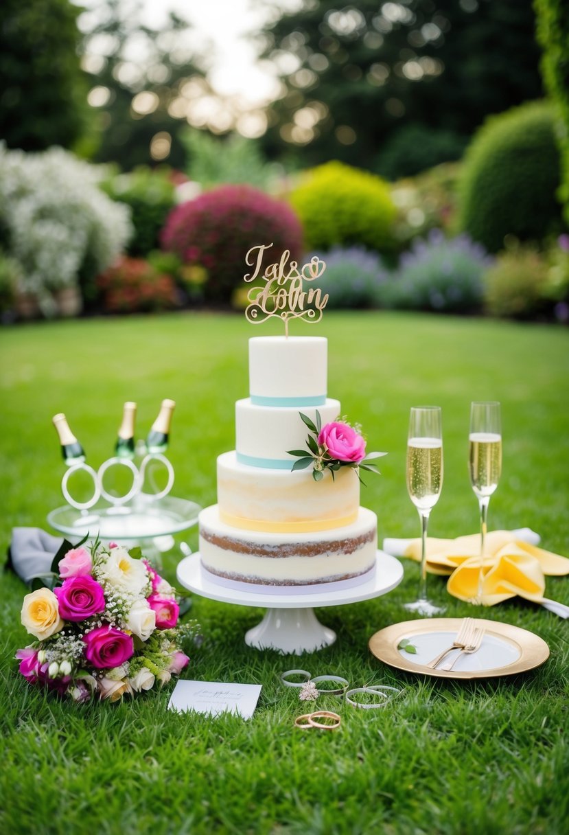 A colorful assortment of wedding-themed items scattered across a lush garden, including a bouquet, rings, cake topper, and champagne glasses