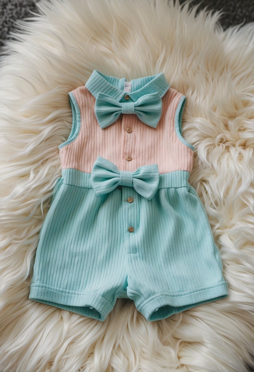 A cozy, pastel-colored romper and matching bow tie laid out on a fluffy, white blanket