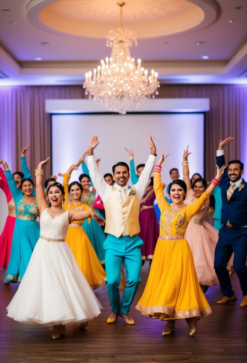 A group of dancers performing a surprise choreographed dance at a wedding, with colorful costumes and joyful expressions