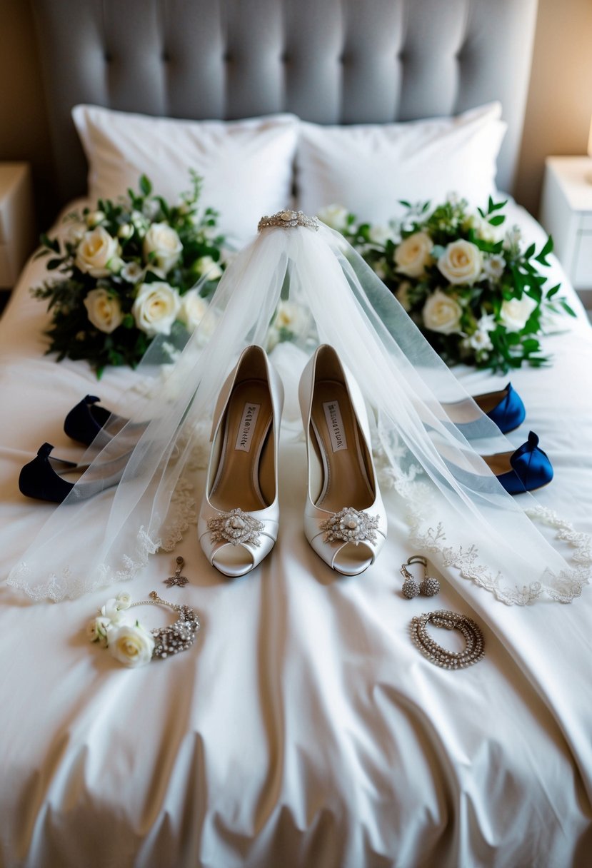 A neatly arranged wedding outfit laid out on a bed, with a veil, dress, and shoes, surrounded by flowers and jewelry