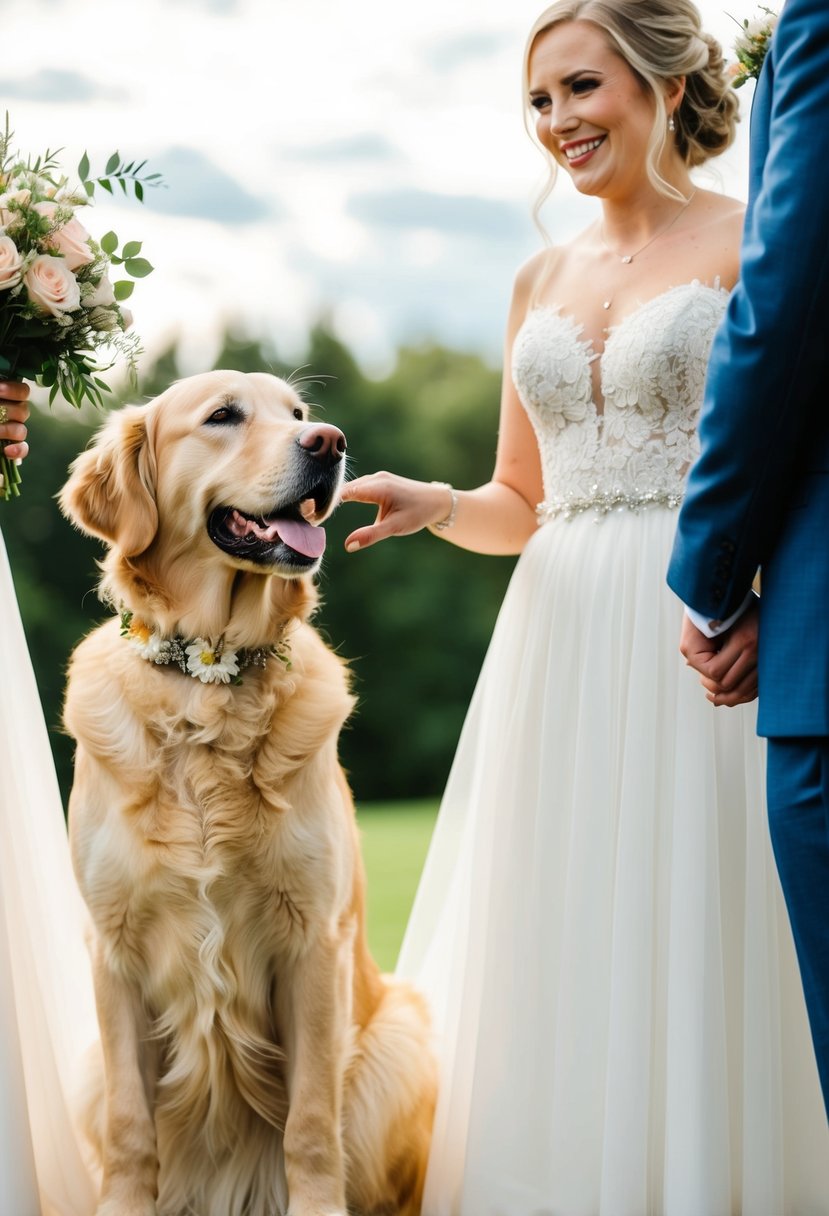 A golden retriever stands beside the bride and groom, wearing a floral collar and happily wagging its tail as they exchange vows