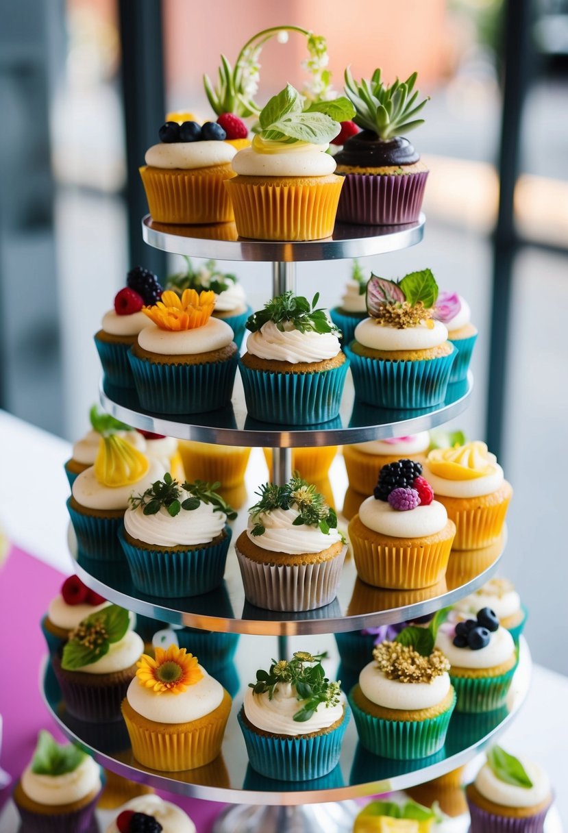 A display of colorful vegan wedding cupcakes with various plant-based toppings and decorations, arranged on a tiered stand