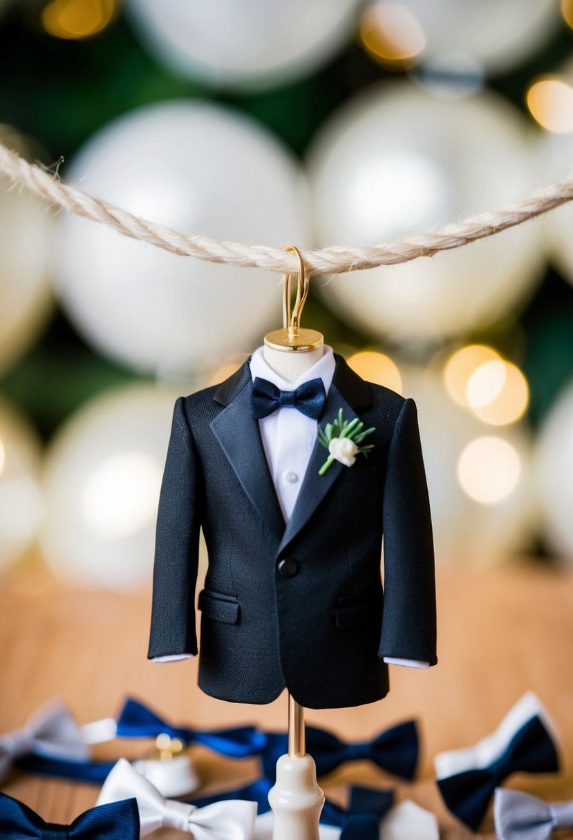 A tiny tuxedo hangs on a miniature mannequin, surrounded by tiny bow ties and cummerbunds