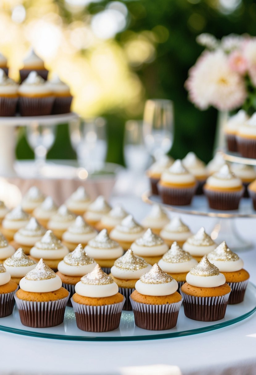 A table set with elegant wedding cupcakes, each topped with a sprinkle of edible glitter, catching the light and adding a touch of sparkle to the display