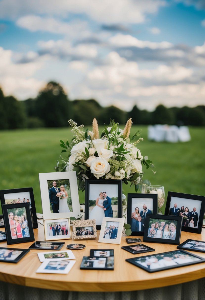 A table adorned with family photos and wedding memorabilia