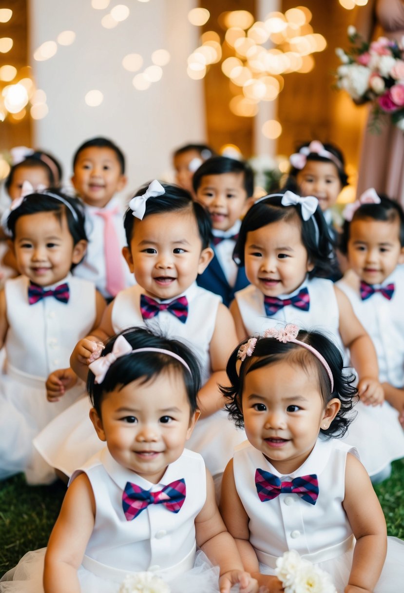 A group of toddlers wearing adorable bow ties and hairbands, gathered in a playful wedding setting