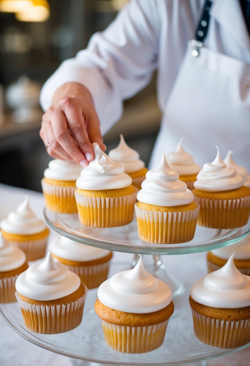 A baker carefully layers meringue and fondant on elegant wedding cupcakes