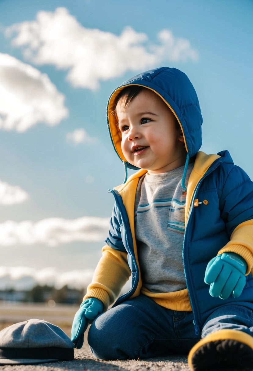 A toddler wearing a t-shirt, sweater, and jacket, with a hat and gloves nearby. A sunny sky with clouds and a light breeze