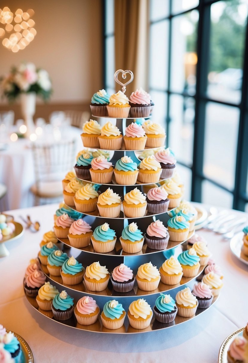 A table adorned with an array of bite-sized mini cupcakes in pastel colors, arranged in elegant tiers for a wedding celebration