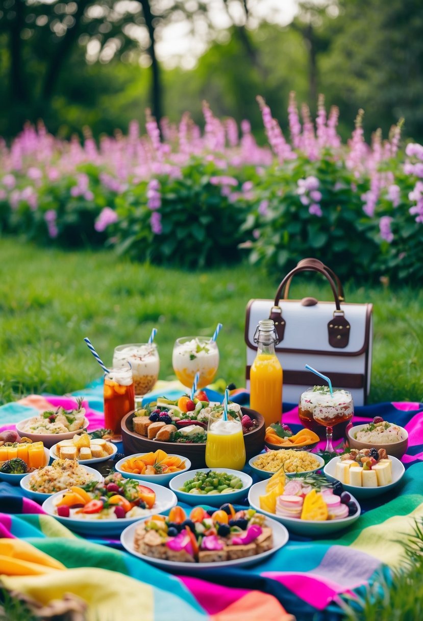 A colorful picnic blanket spread with an array of gourmet food and drinks, surrounded by lush greenery and blooming flowers