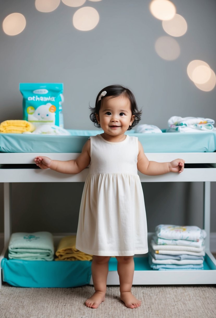 A toddler wearing a simple dress stands in front of a changing table, surrounded by easy-to-remove clothes and diapers