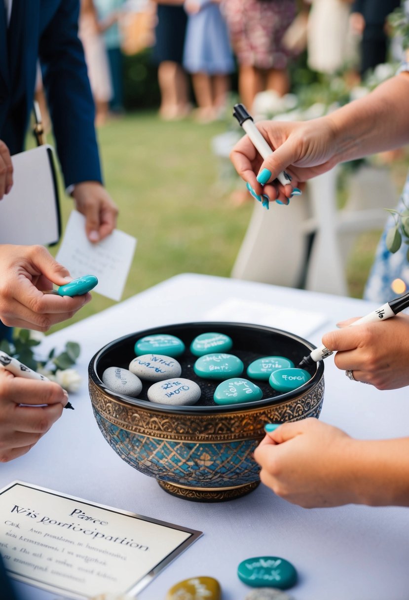 Guests place stones in a decorative bowl, writing wishes with markers. A sign encourages participation