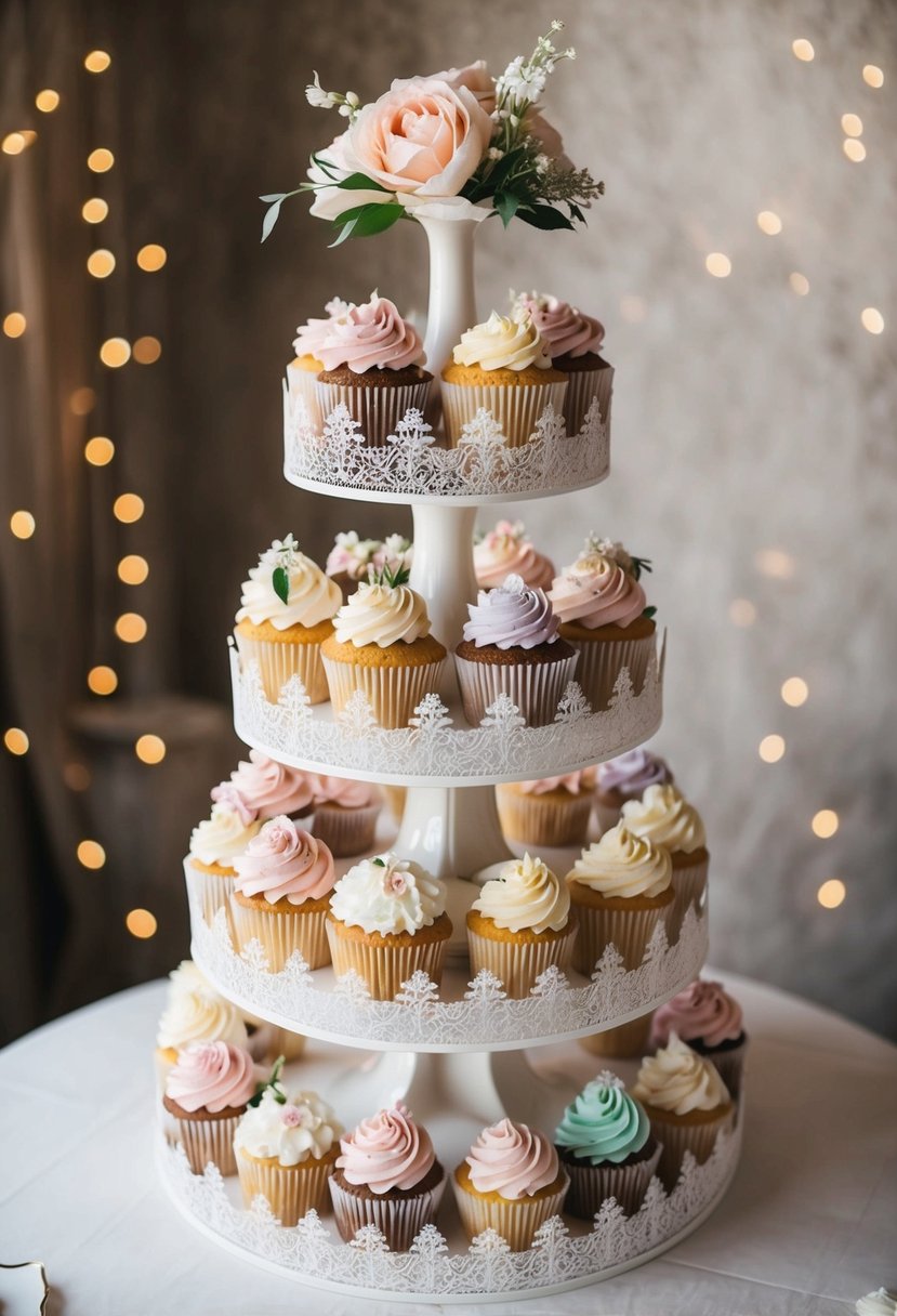 A tall, elegant cupcake tower adorned with delicate floral and lace details, featuring a variety of pastel-colored wedding cupcakes with intricate frosting designs