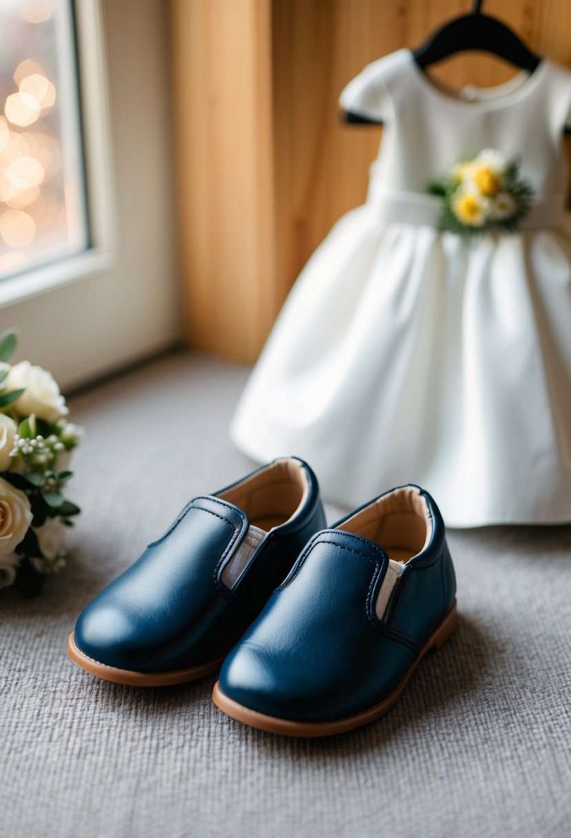 A pair of slip-on toddler shoes placed neatly next to a tiny tuxedo and a small flower girl dress