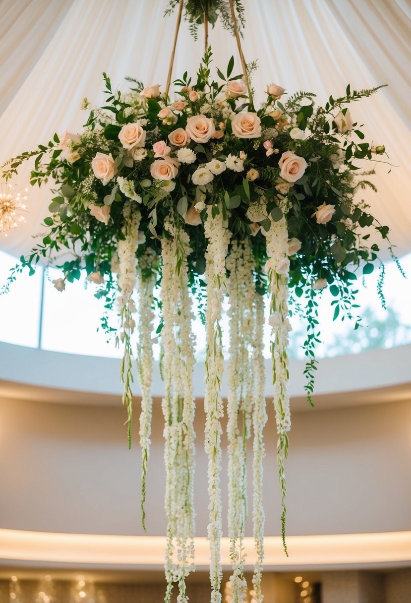 A cascading floral arrangement hangs from the ceiling, creating a whimsical and romantic atmosphere for a wedding celebration