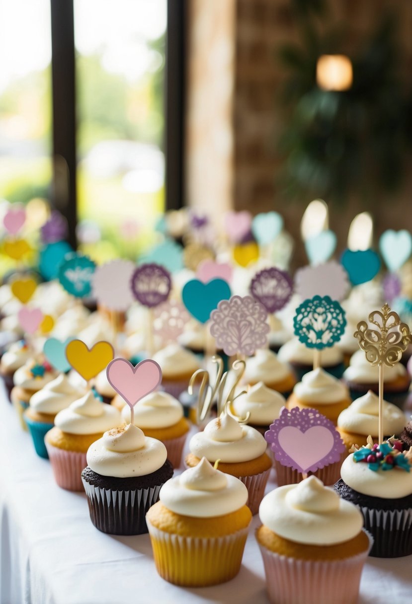 A table adorned with assorted wedding cupcakes, each topped with custom, decorative toppers in a variety of colors and designs