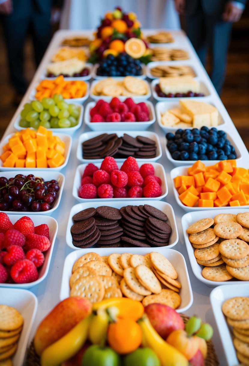 A colorful array of snacks and treats laid out on a table, including fruit, cheese, crackers, and cookies, ready for wedding day munchies