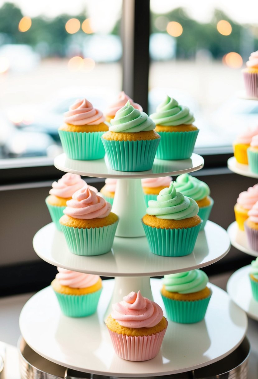 A display of pastel pink and mint green cupcakes with matching wrappers on a tiered stand