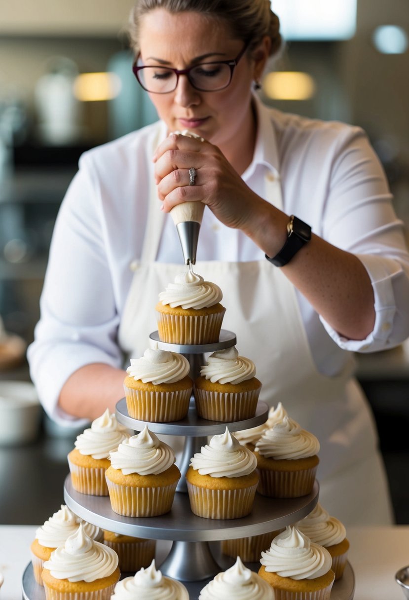 A baker expertly pipes intricate designs on a tier of wedding cupcakes, using various creative techniques and delicate precision