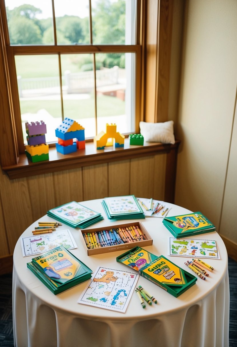 A table with coloring books, crayons, and puzzles set up in a corner of the wedding venue. A small play area with soft toys and building blocks nearby