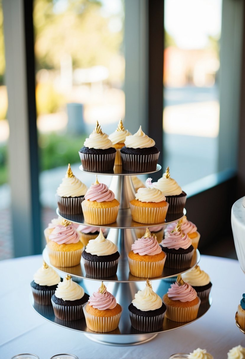 A variety of gluten-free wedding cupcakes displayed on a tiered stand, with decorative tips and frosting swirls