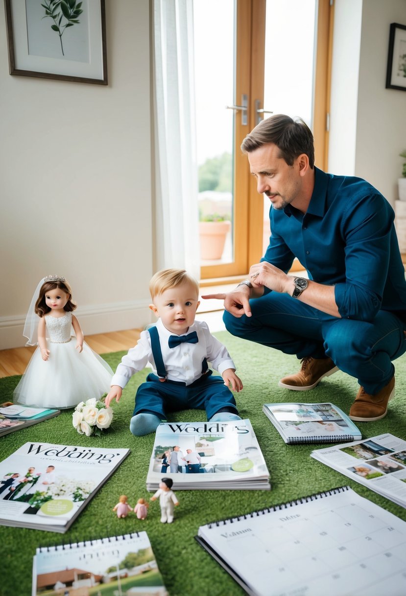 A toddler sits on the floor surrounded by wedding magazines, a calendar, and a toy bride and groom, while a parent points to different aspects of the wedding plan