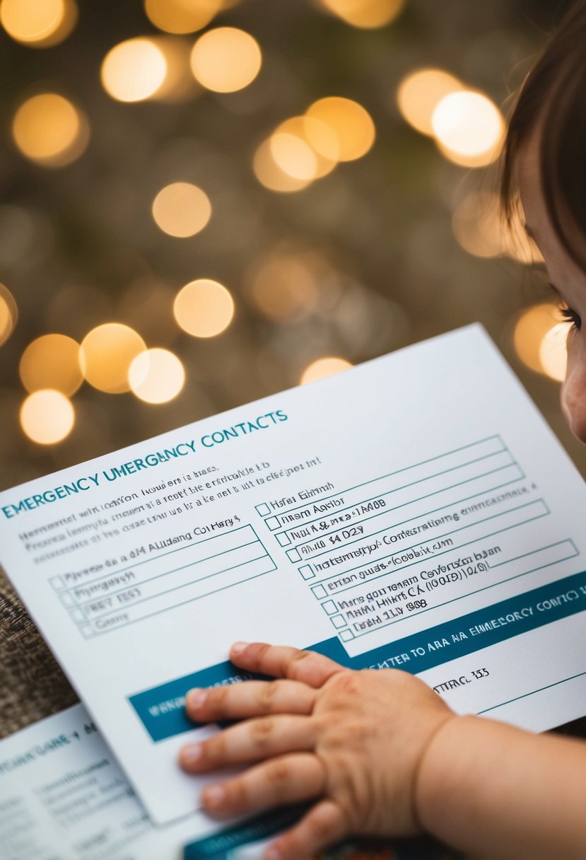 A wedding invitation with a list of emergency contacts and a toddler's hand reaching for it