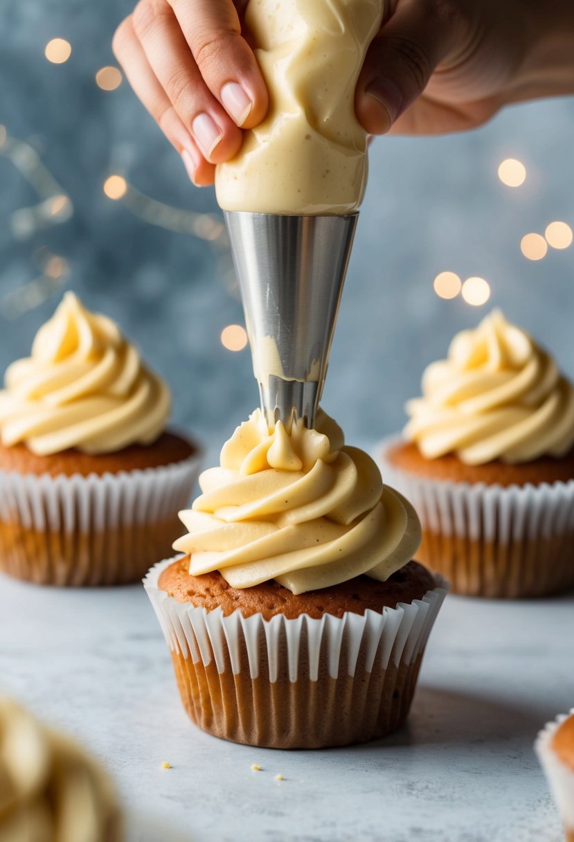 A cupcake being frosted with a hidden filling being piped into the center