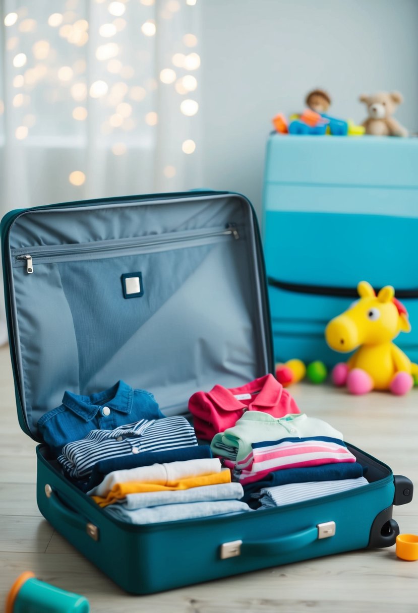 A suitcase open with neatly folded toddler clothes spilling out onto the floor, with a sippy cup and a small toy nearby