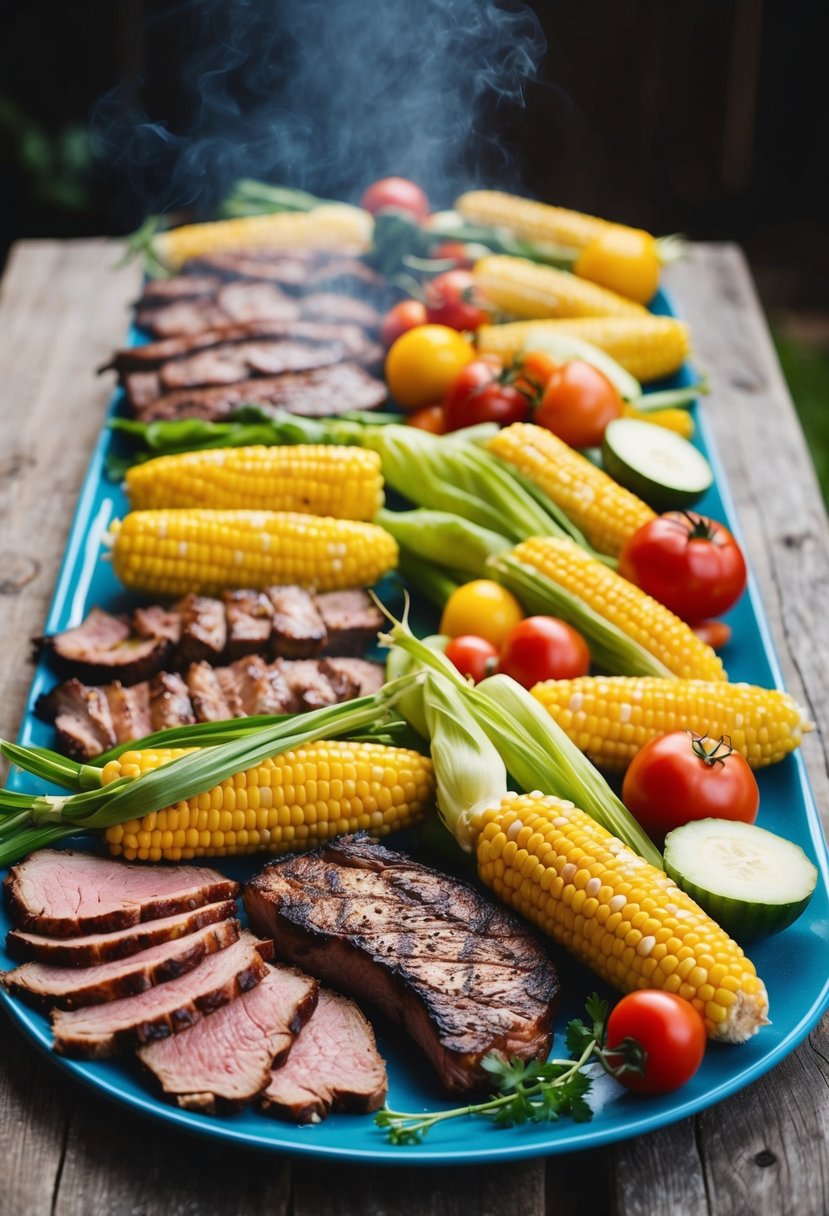 A colorful spread of grilled meats, corn on the cob, and assorted vegetables arranged on a rustic wooden table. A smoky aroma fills the air