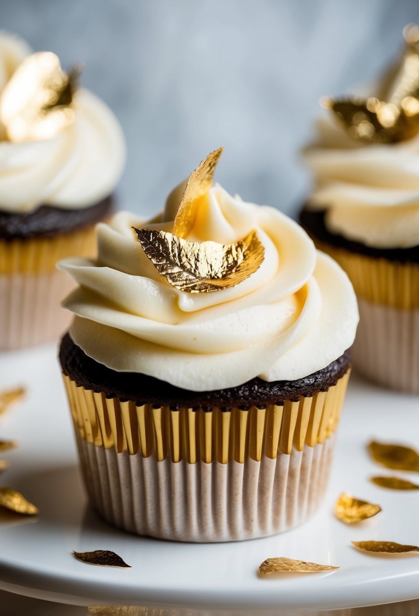 A delicate wedding cupcake adorned with shimmering gold leaf