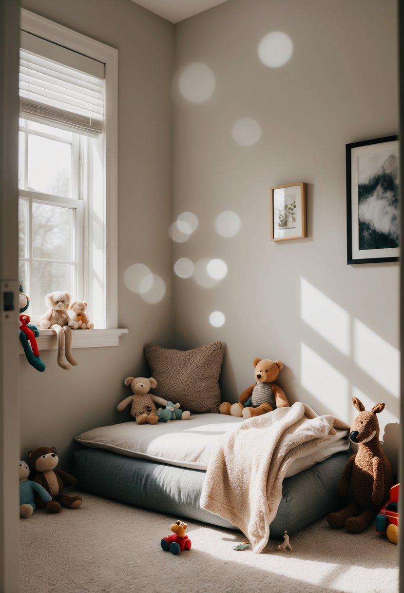 A cozy, sunlit corner with a small, cushioned bed and a soft blanket, surrounded by toys and stuffed animals, in a quiet room