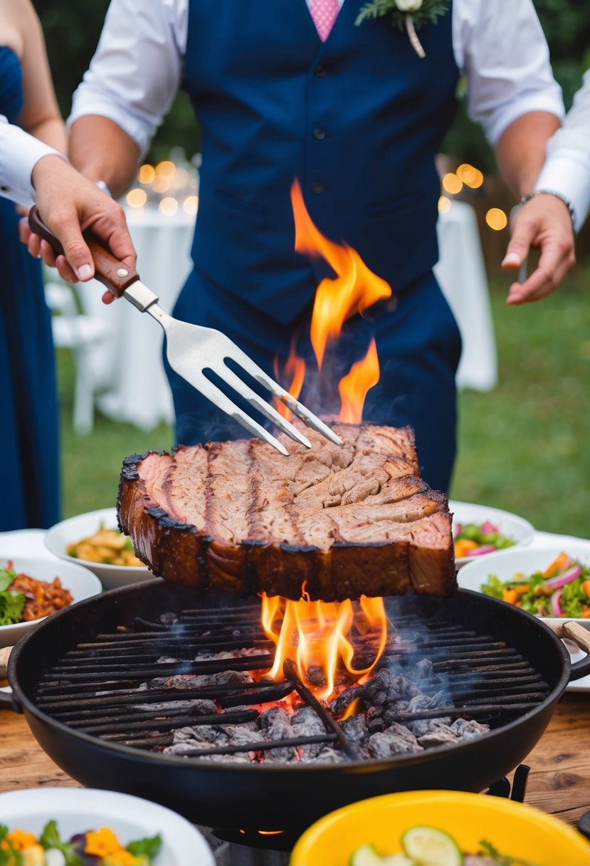 A sizzling beef brisket grilling over an open flame at a rustic outdoor wedding reception, surrounded by colorful BBQ side dishes and festive decorations