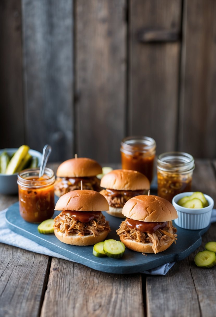 A rustic wooden table with a platter of pulled pork sliders, accompanied by small jars of barbecue sauce and pickles